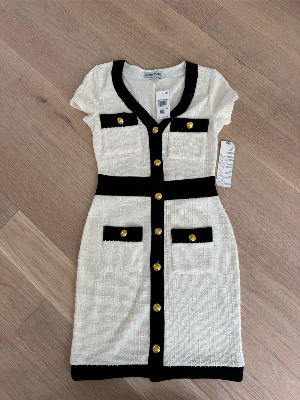Women’s Small Almost Famous White & Black Tweed-Inspired Dress with Gold Buttons